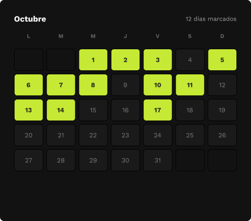 imagen representativa de un calendario con los días de práctica resaltados