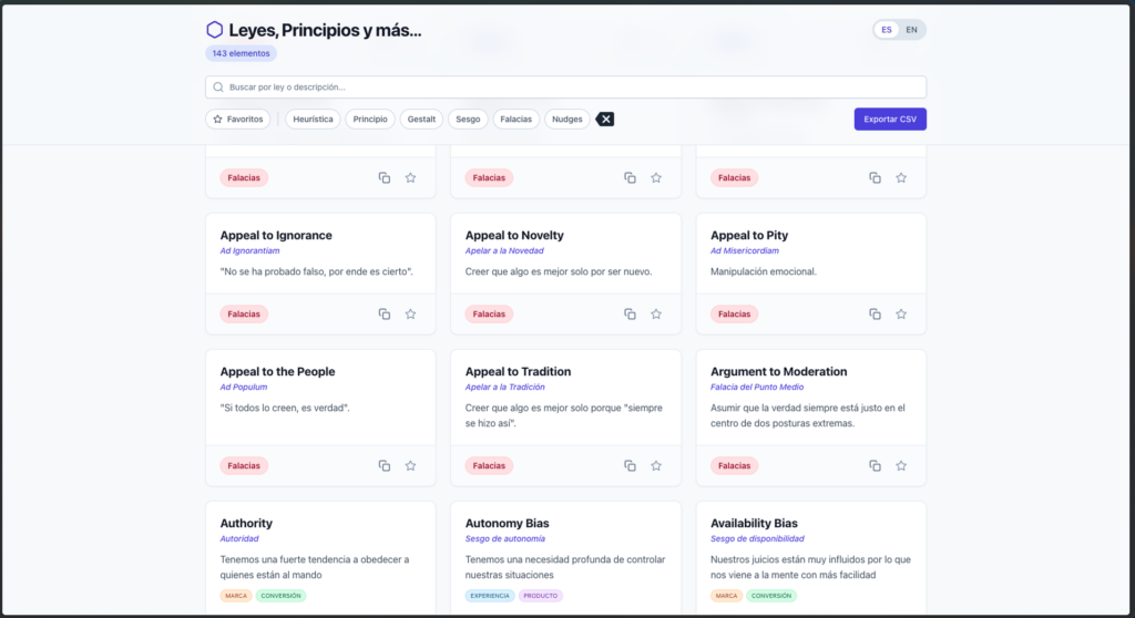 Interfaz de la aplicación web SmartTools mostrando una sección de leyes, principios y heurísticas de diseño, con una barra de búsqueda y una cuadrícula de tarjetas explicativas sobre falacias lógicas y sesgos cognitivos