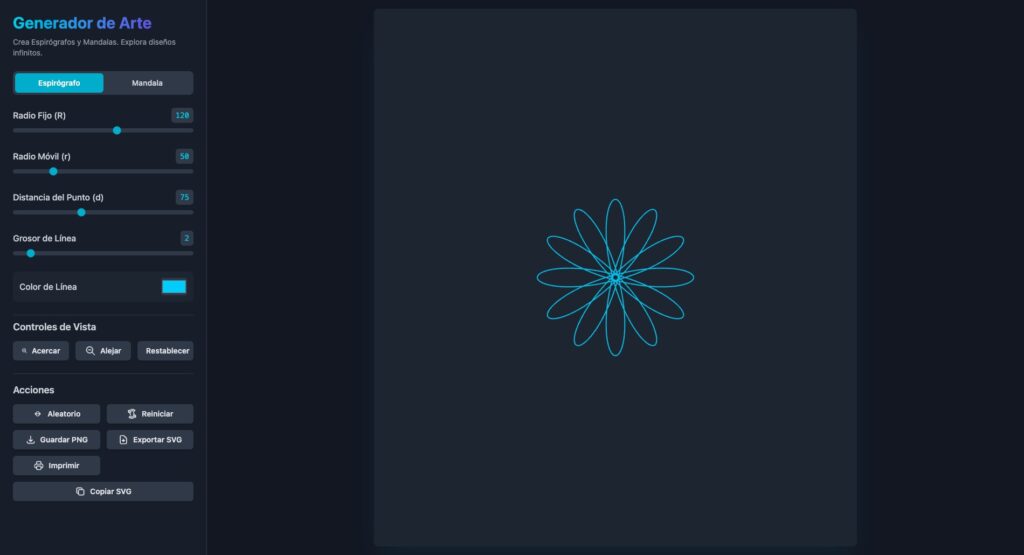 Generador de Arte mostrando un espirógrafo de color cian con forma de flor de múltiples pétalos sobre fondo oscuro, con controles de radio, distancia y grosor en el panel lateral