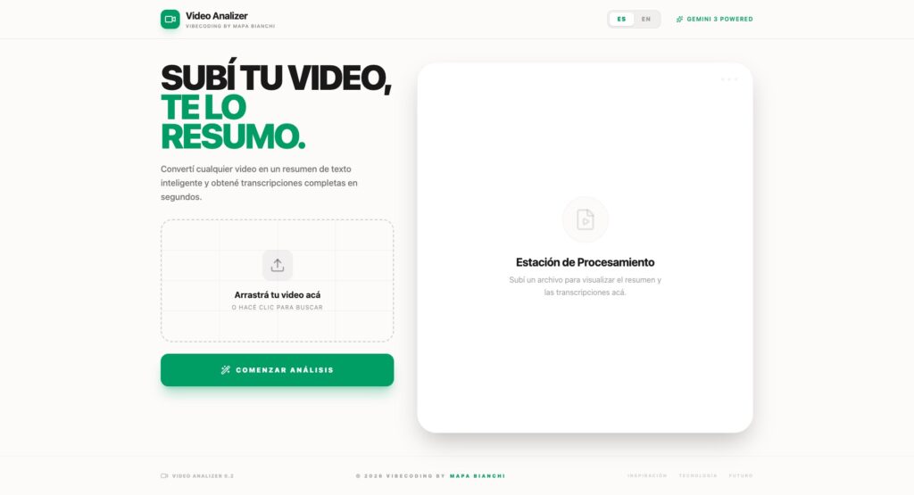Interfaz de la aplicación web Video Analizer que muestra un área de carga de archivos para subir videos, un botón de 'Comenzar Análisis' y una 'Estación de Procesamiento' para generar resúmenes automáticos usando tecnología de Gemini.