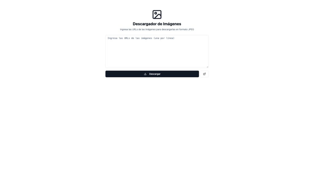 Interfaz de usuario de la herramienta web 'Descargador de Imágenes', que muestra un área de texto para ingresar URLs de imágenes (una por línea) y un botón azul oscuro con el texto e icono de 'Descargar'.